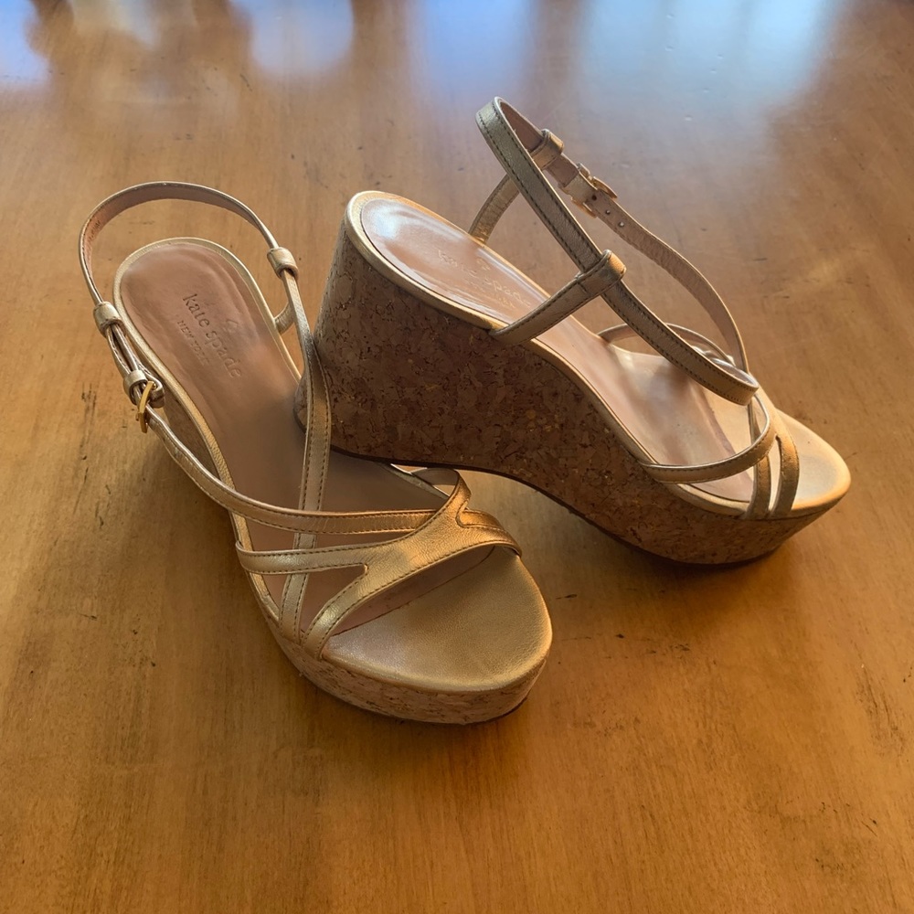 kate spade Metallic Gold Leather Cork Wedge Sandals